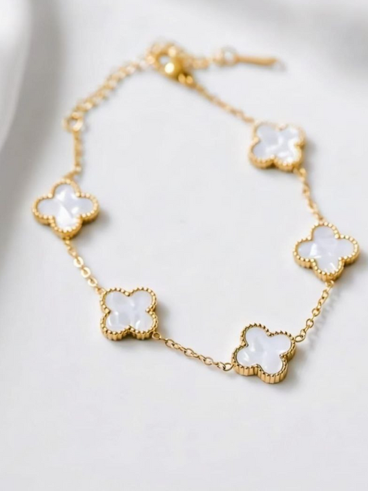 18K Gold Plated White Clover Charm Delicate Chain Bracelet