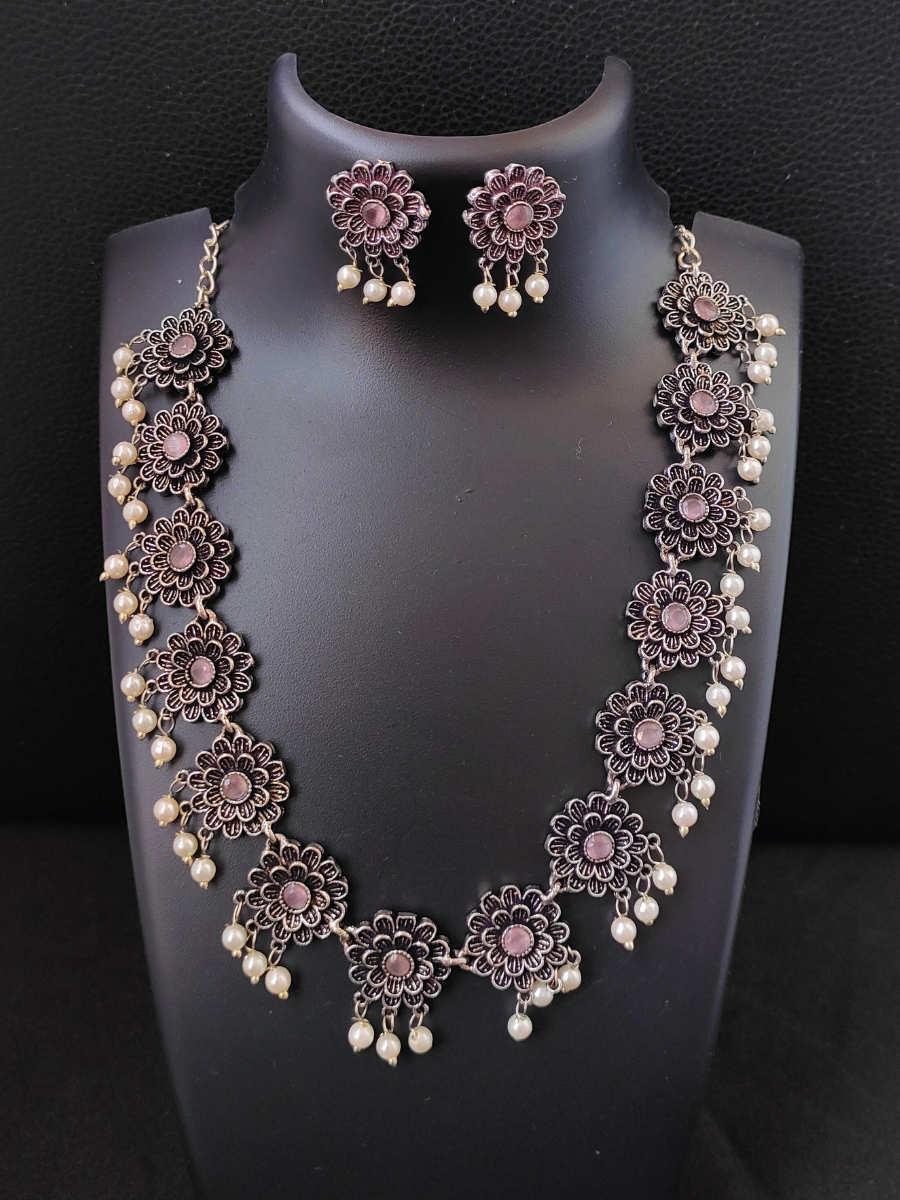 Buy Light Pink Flower Shaped Oxidised Silver Necklace Set The
