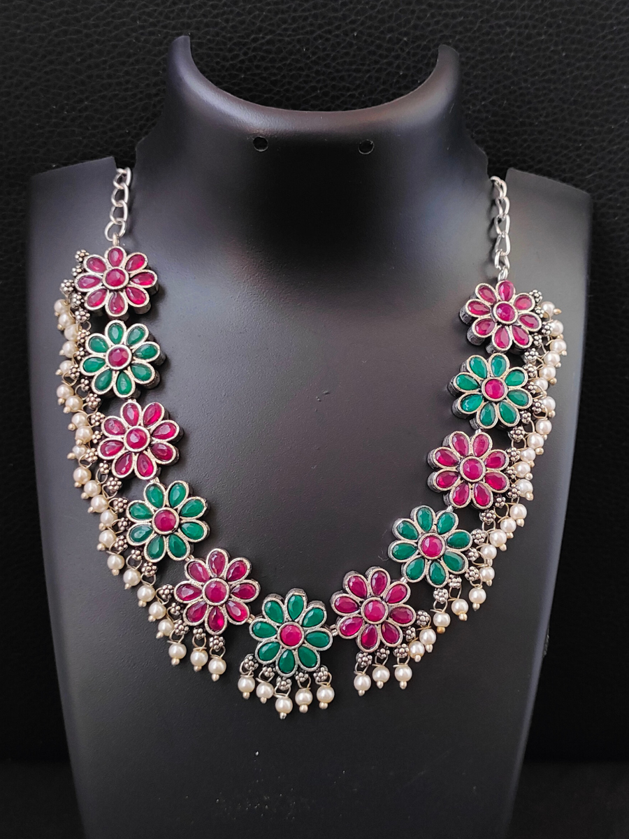 Ruby Red and Green Stone Oxidised Silver Choker Necklace