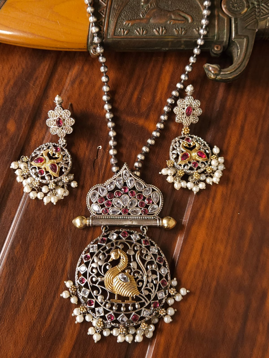 Ruby Red and White Dual Tone German Silver and Golden Long Necklace