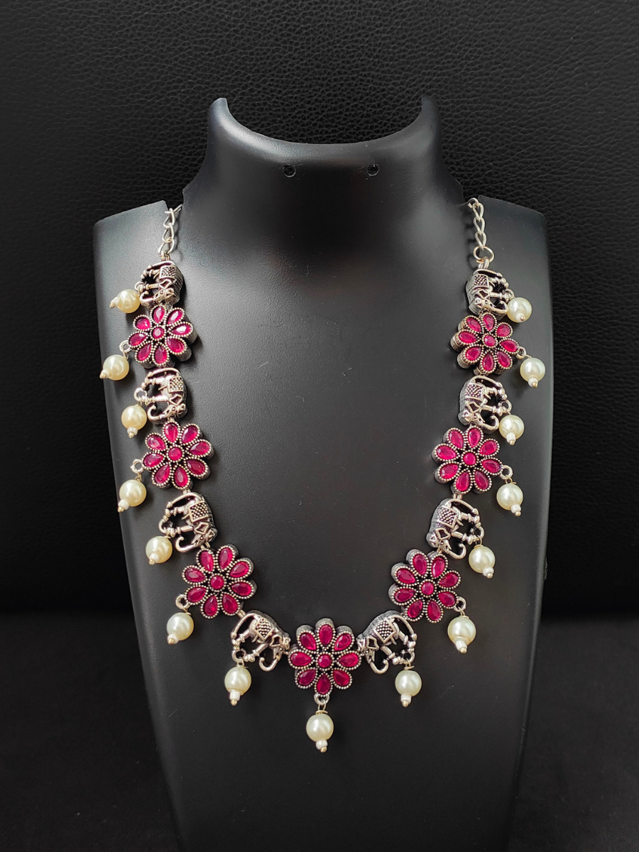 Ruby Red Flower and Elephant Shaped Oxidised Silver Necklace