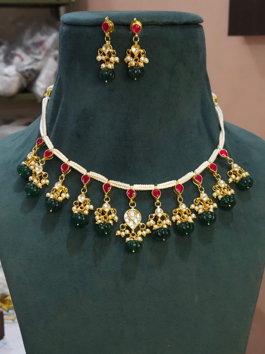 Ruby Red and Green Pumpkin Kundan Pearl Choker Necklace