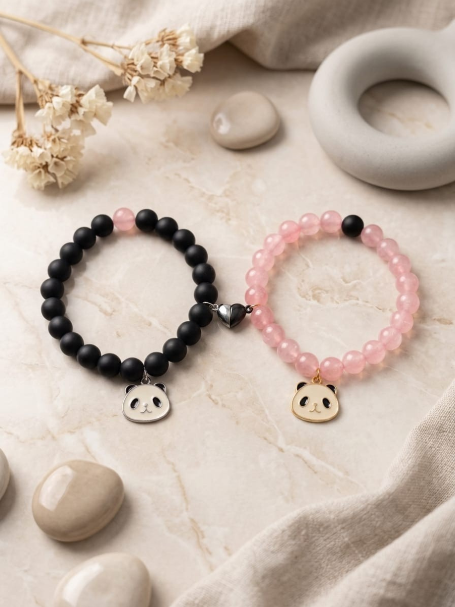 Buy Aesthetic Panda Charm Black and Pink Beaded Bracelets Online in India