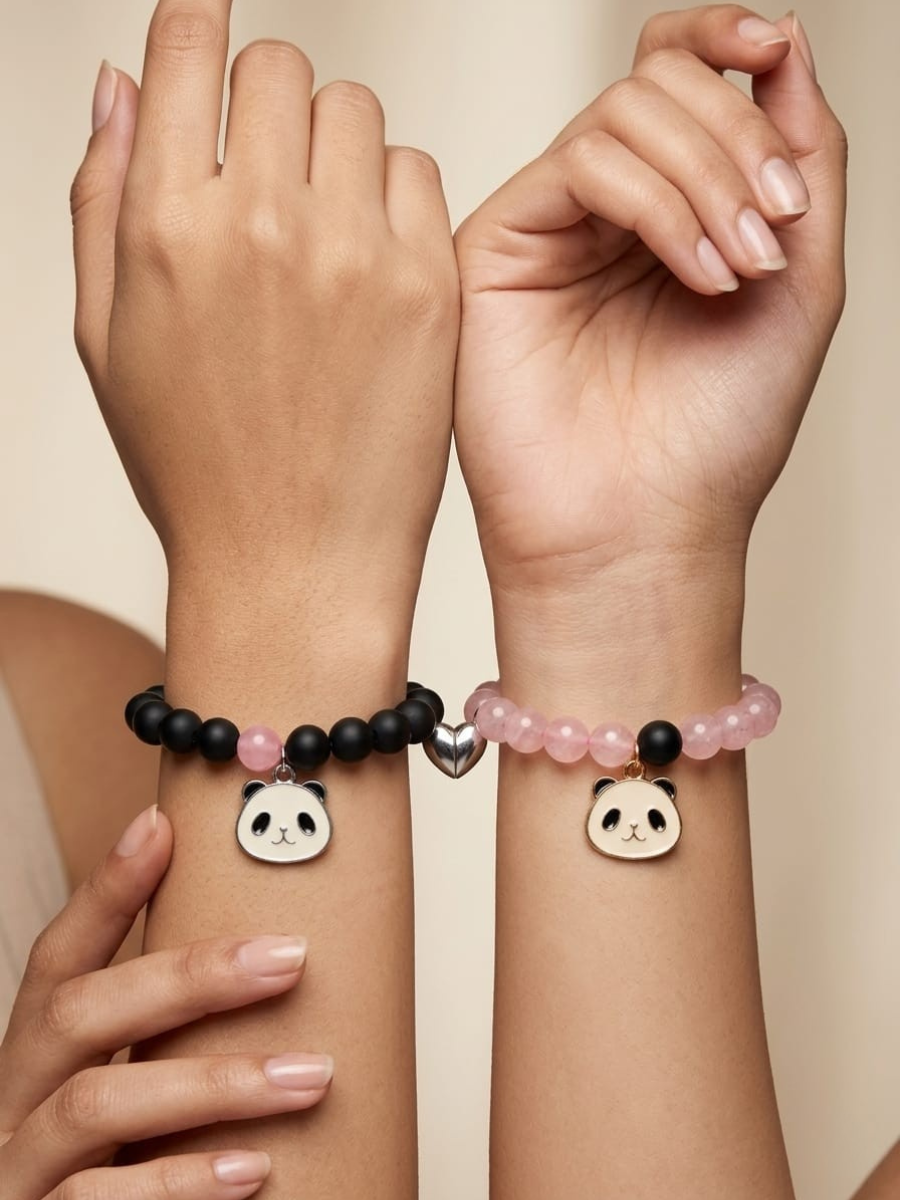 Models wearing Aesthetic Panda Charm Black and Pink Beaded Friendship Bracelets