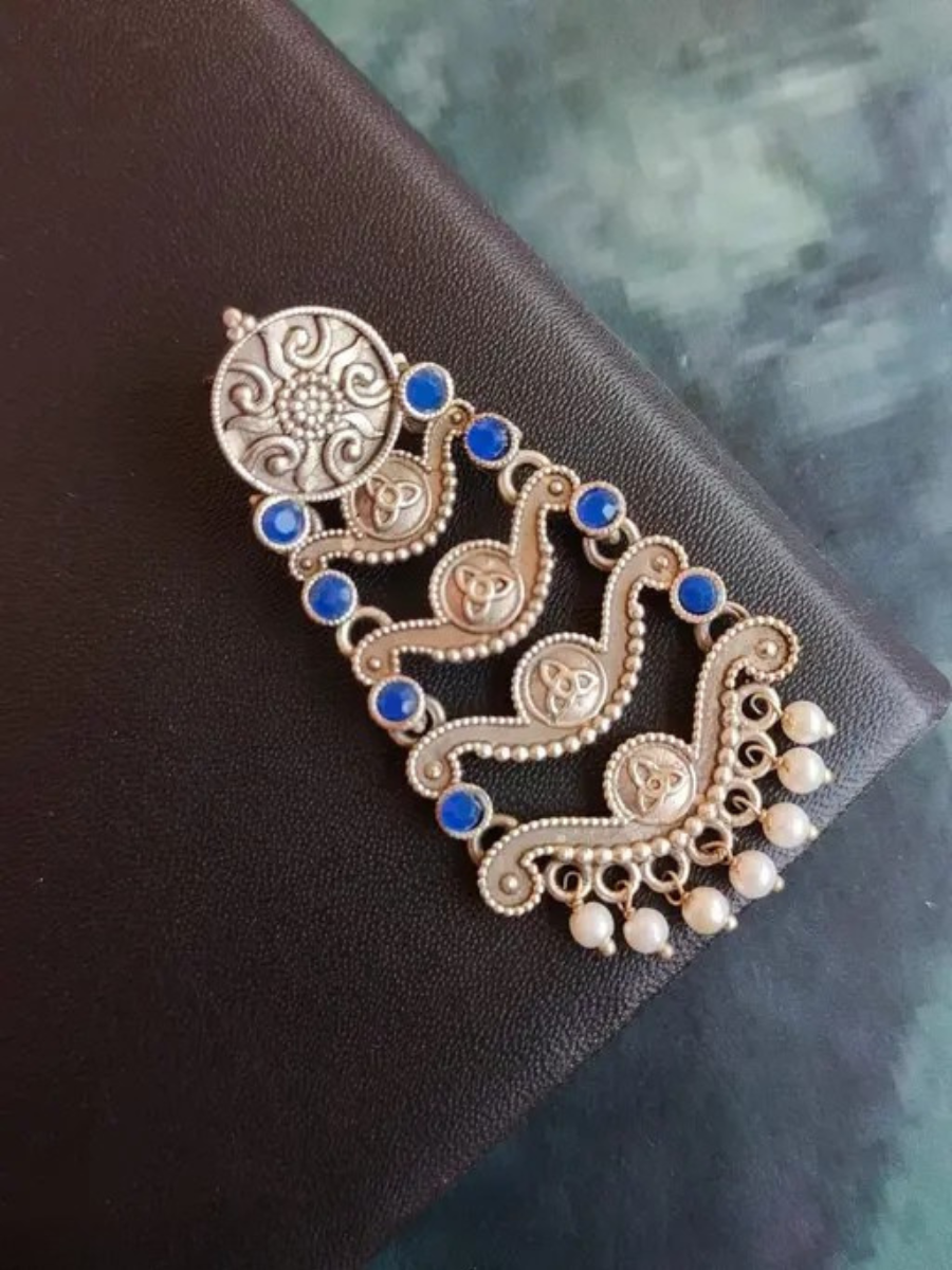 Antique Blue Stone Oxidised Silver Long Earrings