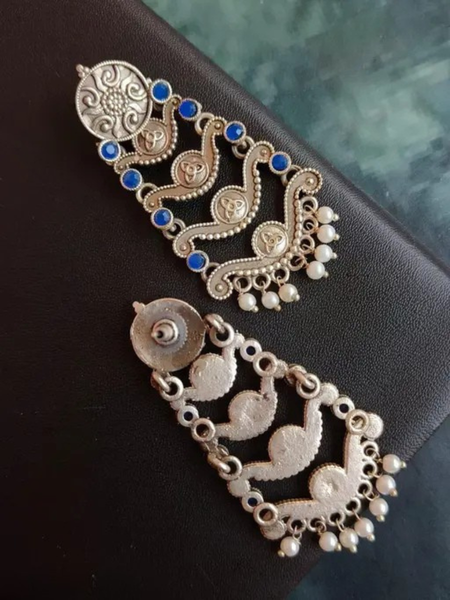 Antique Oxidised Silver Blue Stone Long Earrings