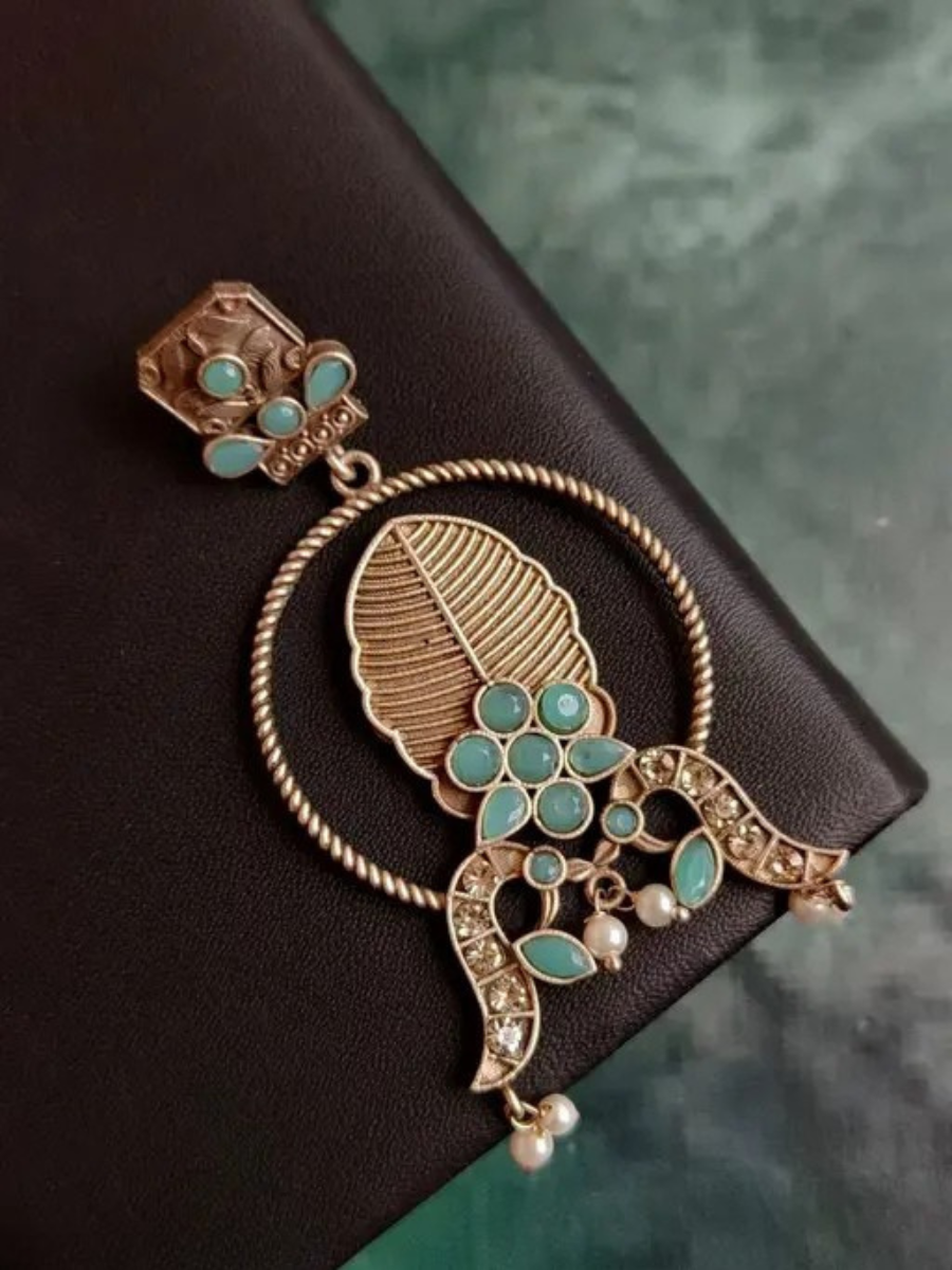 Antique Leaf Motif Sky Blue Stones Oxidised Earrings