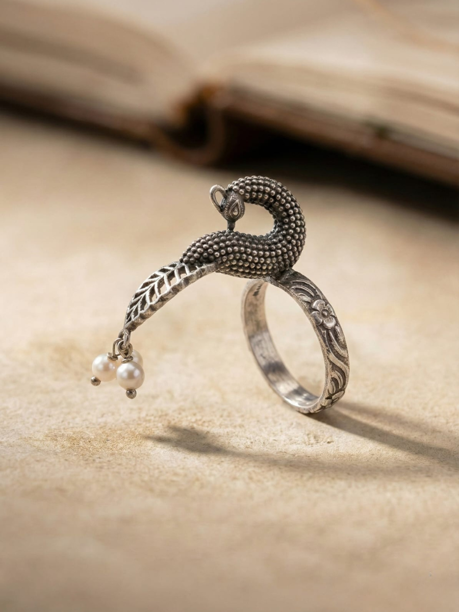 Buy Antique Silver Lookalike Oxidised Peacock Ring Online in India - TheJewelbox