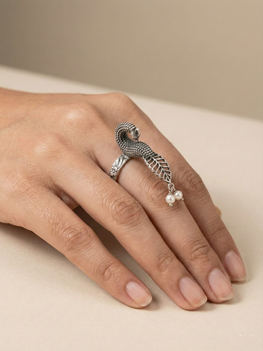 Antique Silver Lookalike Oxidised Peacock Ring