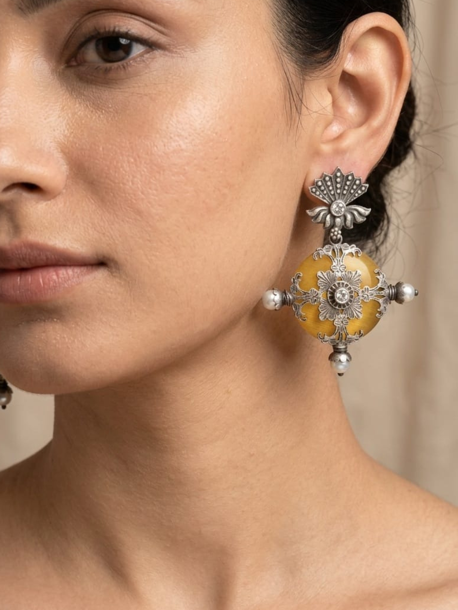 Yellow Monalisa stone oxidised earrings