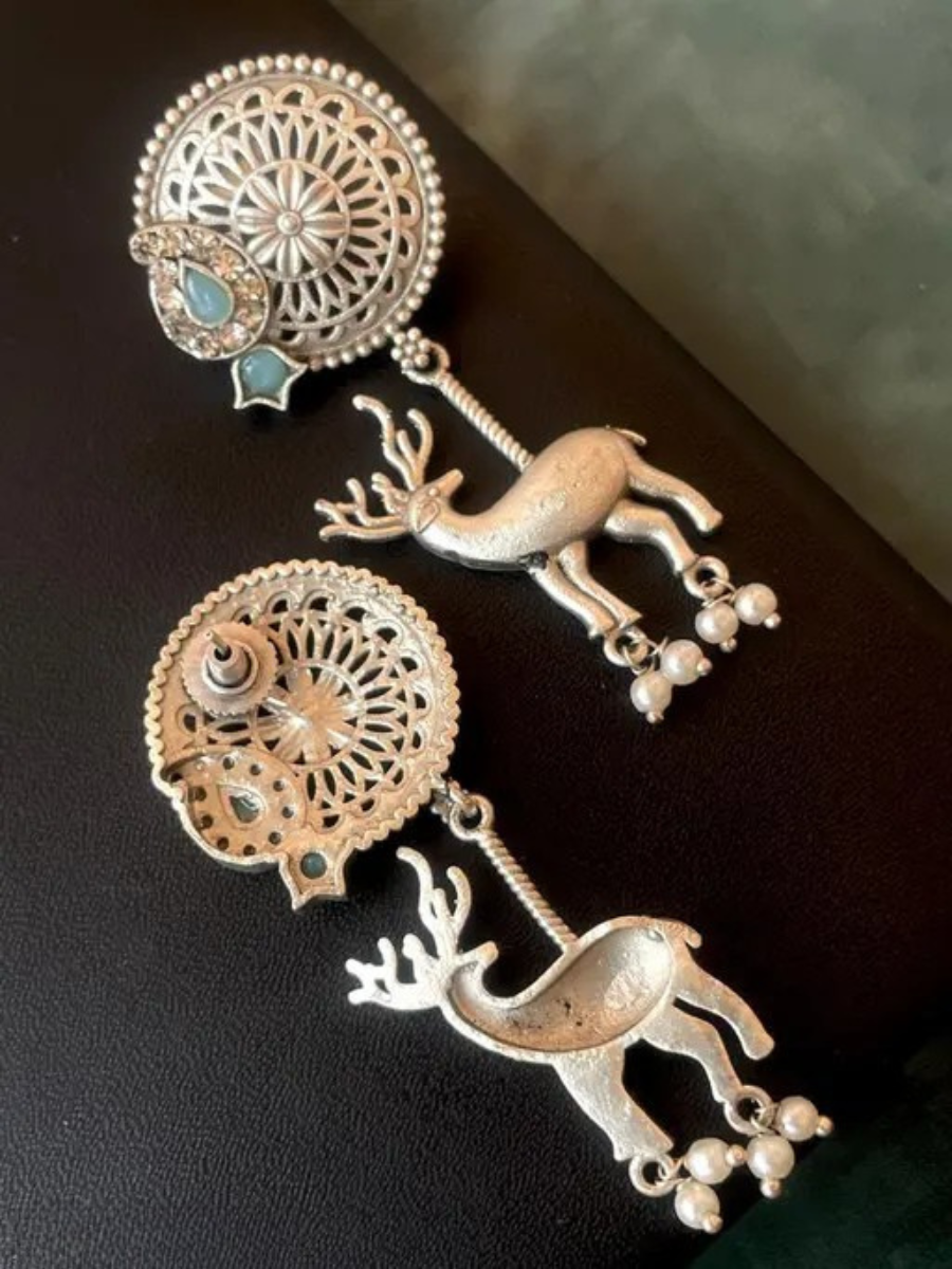 Oxidised Silver Antique Sky Blue Stone Deer Dangler Earrings
