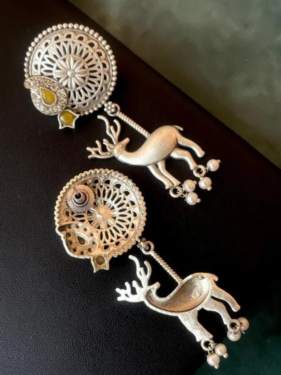 Oxidised Silver Antique Yellow Stone Deer Dangler Earrings