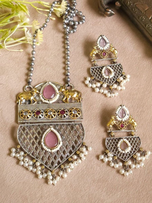 Baby Pink Kundan Dual Tone Oxidised Long Necklace Set