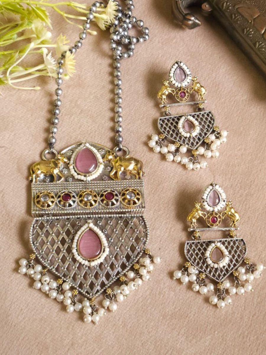 Baby Pink Kundan Dual Tone Oxidised Long Necklace Set