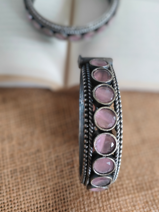 Baby Pink Round Stone German Silver Oxidised Bangle