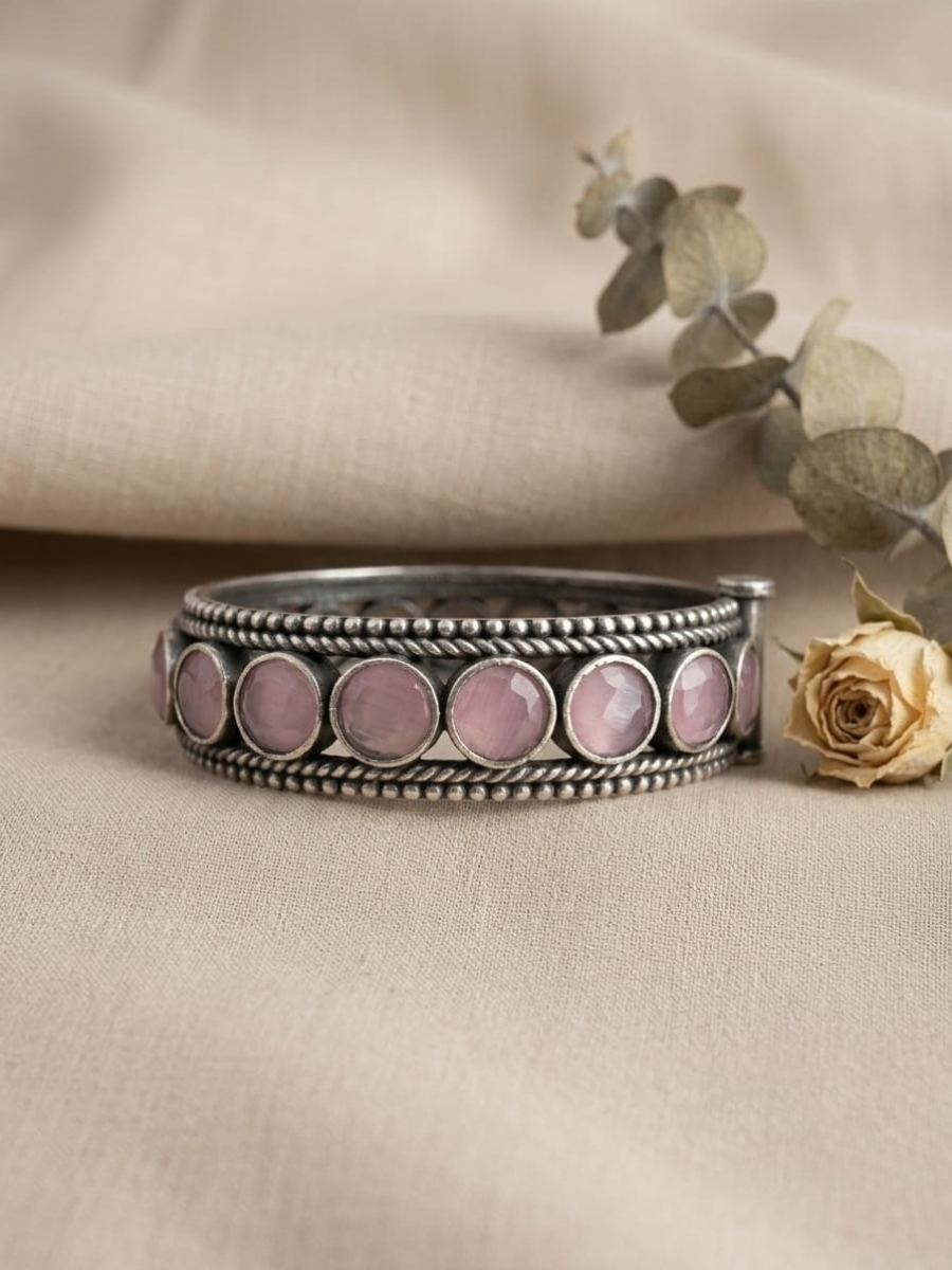 Baby Pink Round Stones Oxidised Silver Kada Bracelet