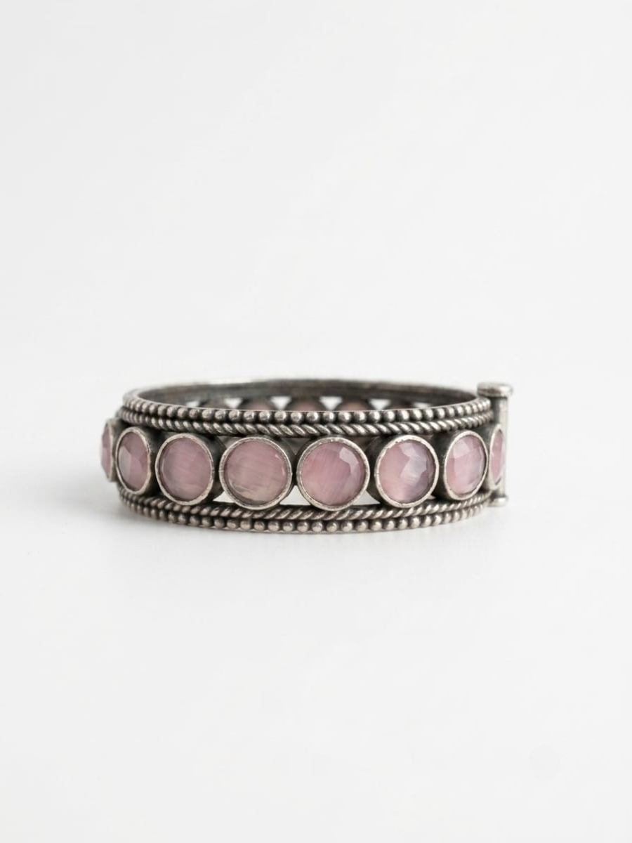 Baby Pink Round Stone German Silver Oxidised Bangle