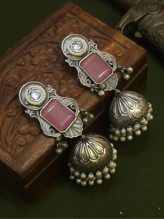 Baby Pink Stone Studded Big Oxidised Silver Jhumka Earrings