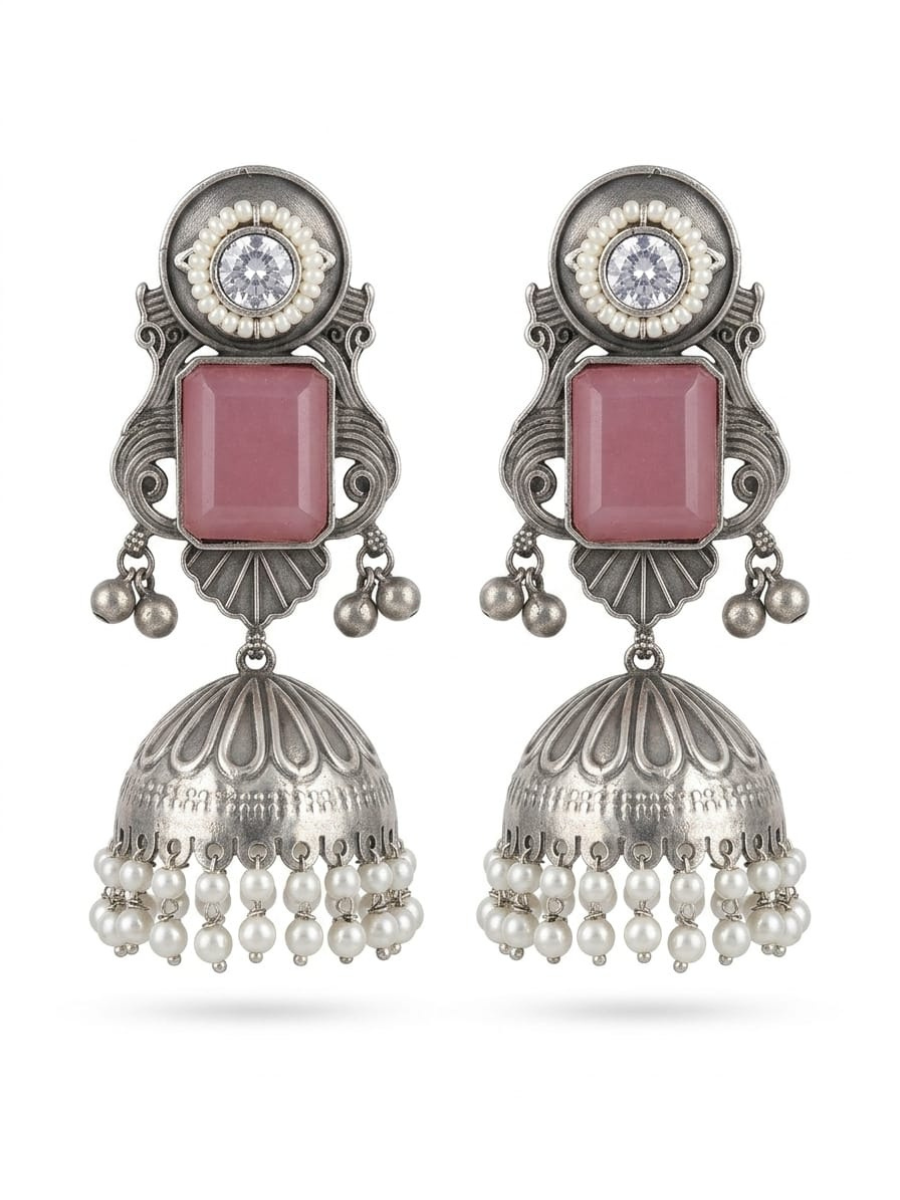 Baby Pink Stone Studded Big Oxidised Silver Jhumka Earrings
