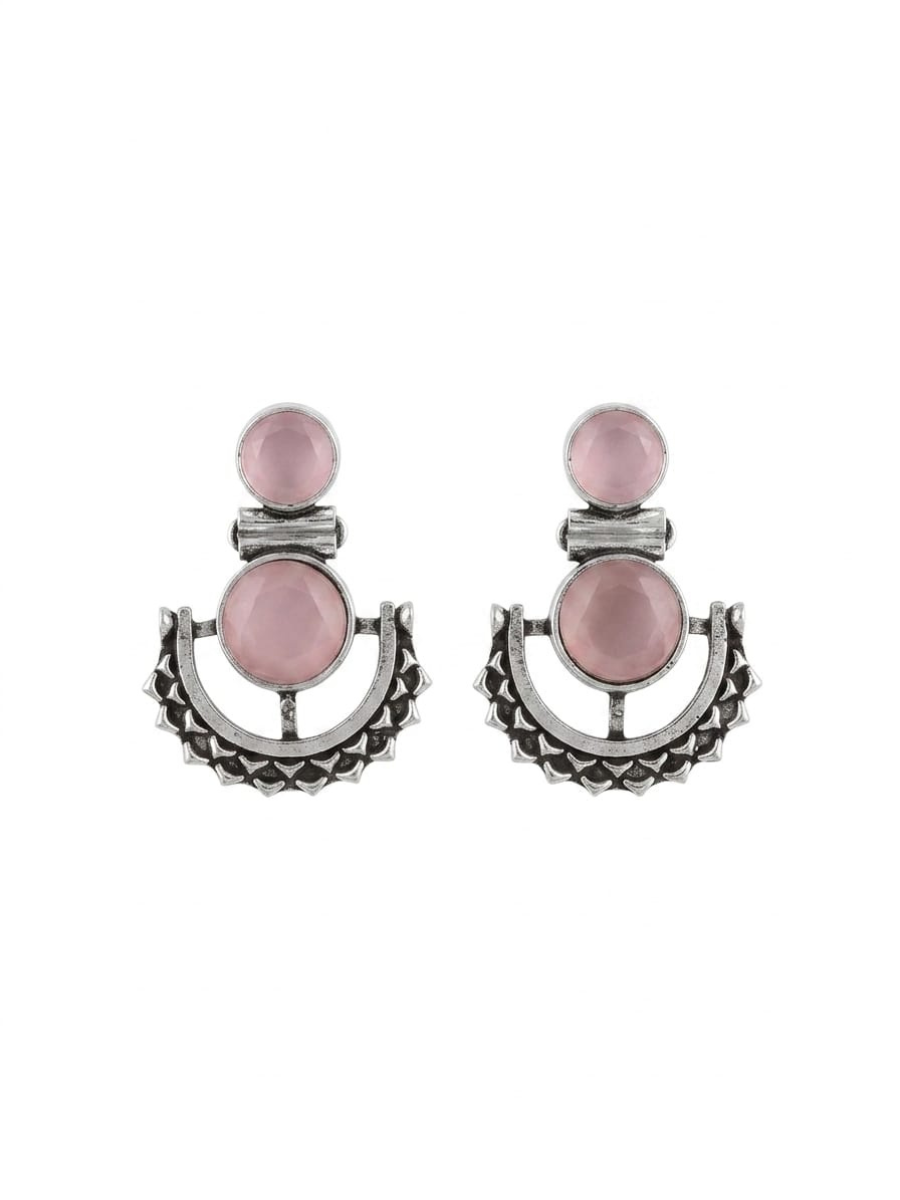 Baby Pink Stone Studded Oxidised Silver Dangler Earrings