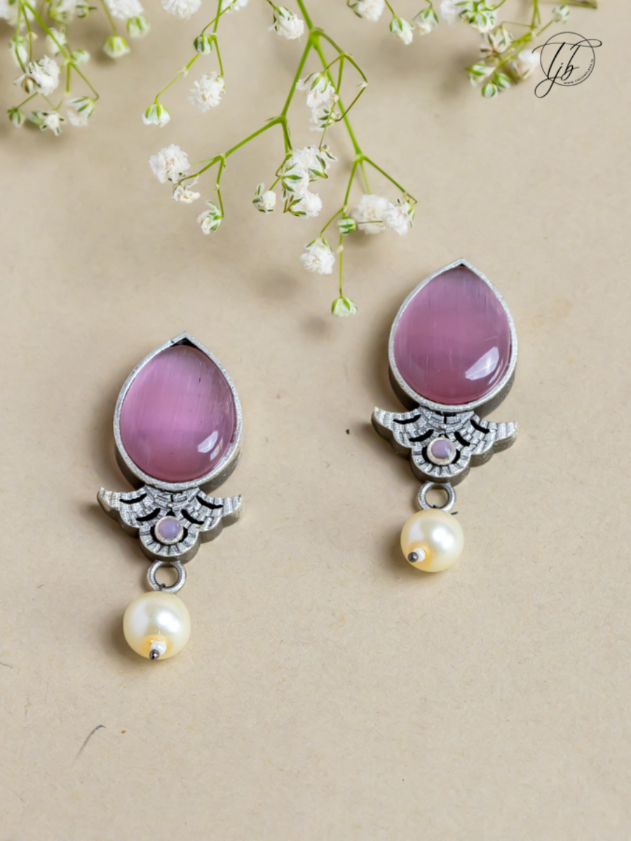 Buy Baby Pink Stone Studded Oxidised Silver Stud Earrings Online - TheJewelbox