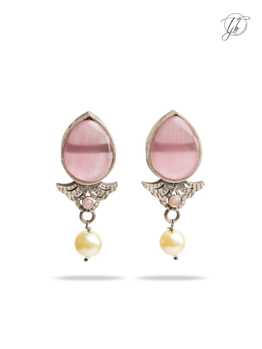 Baby Pink Stone Studded Oxidised Silver Stud Earrings