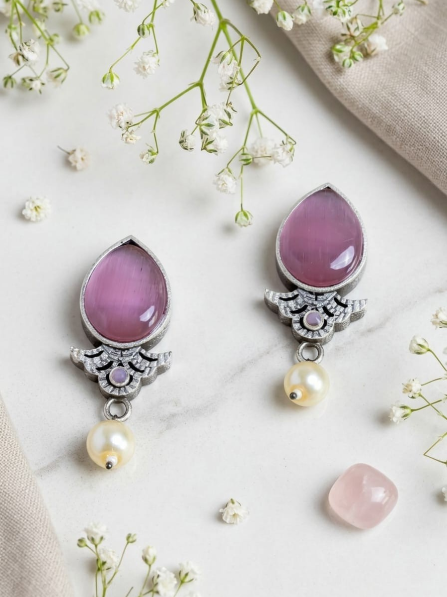 Buy Baby Pink Stone Studded Oxidised Silver Stud Earrings Online in India