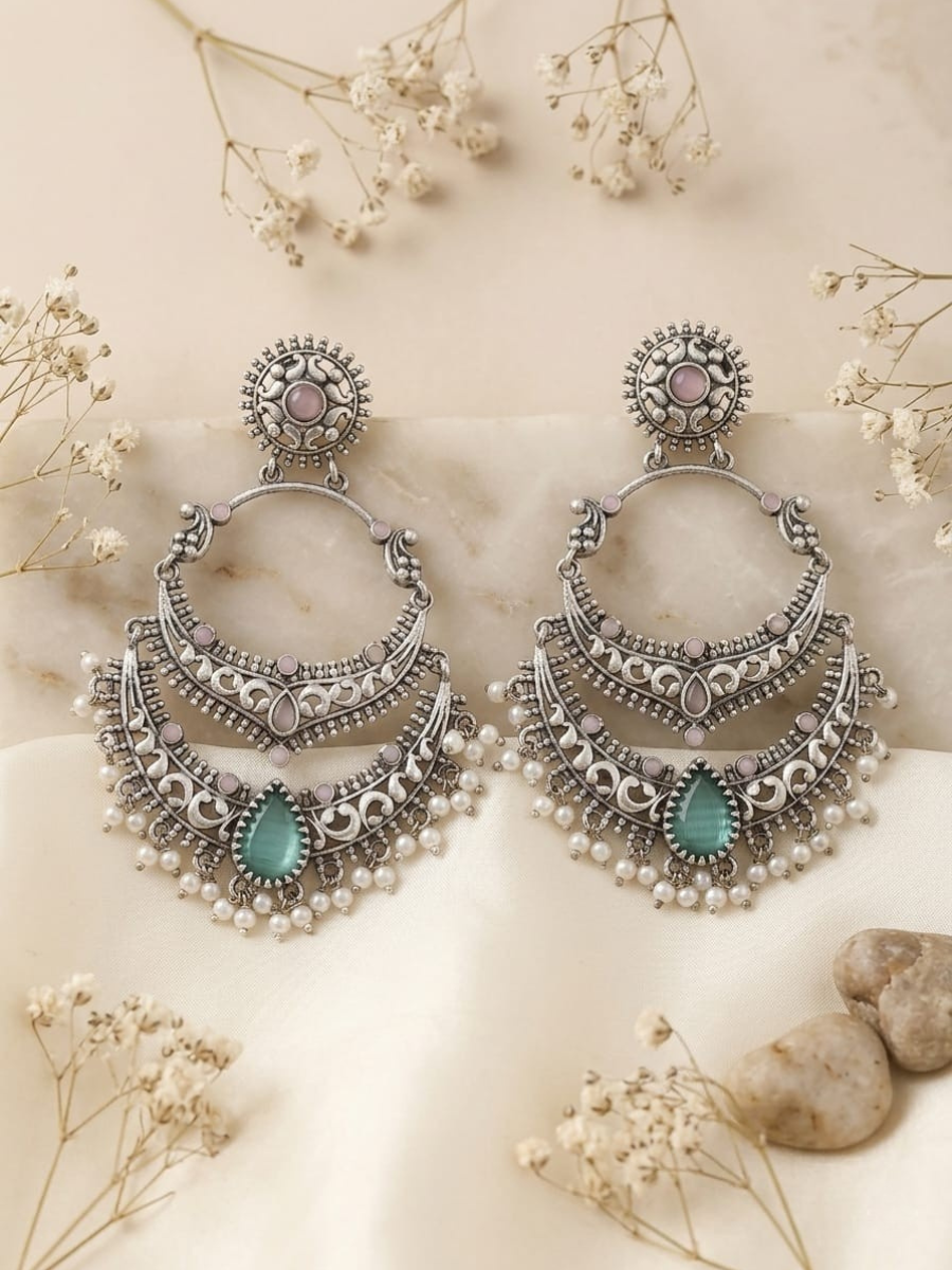 Buy Baby Pink and Blue Stone German Silver Oxidised Chandbali Earrings Online in India