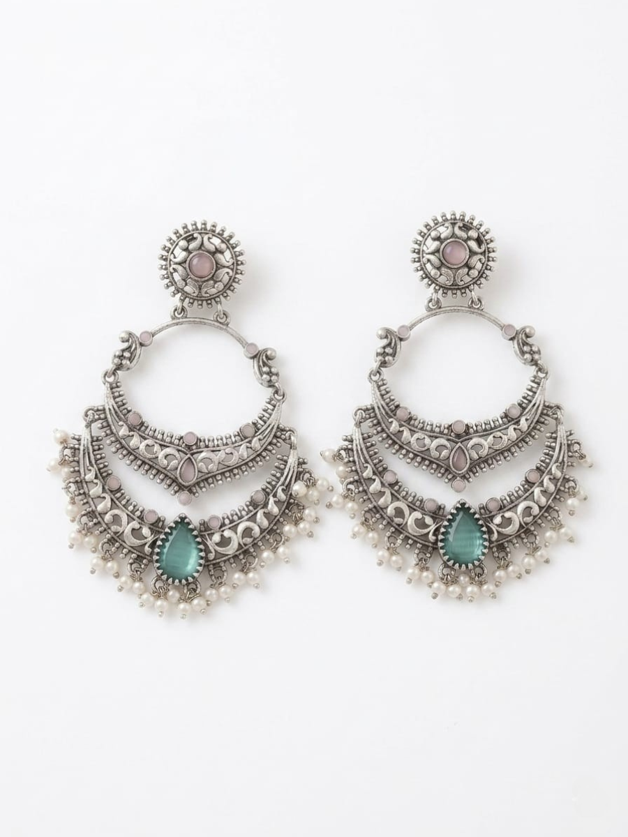 German Silver Oxidised Baby Pink and Blue Stone Chandbali Earrings