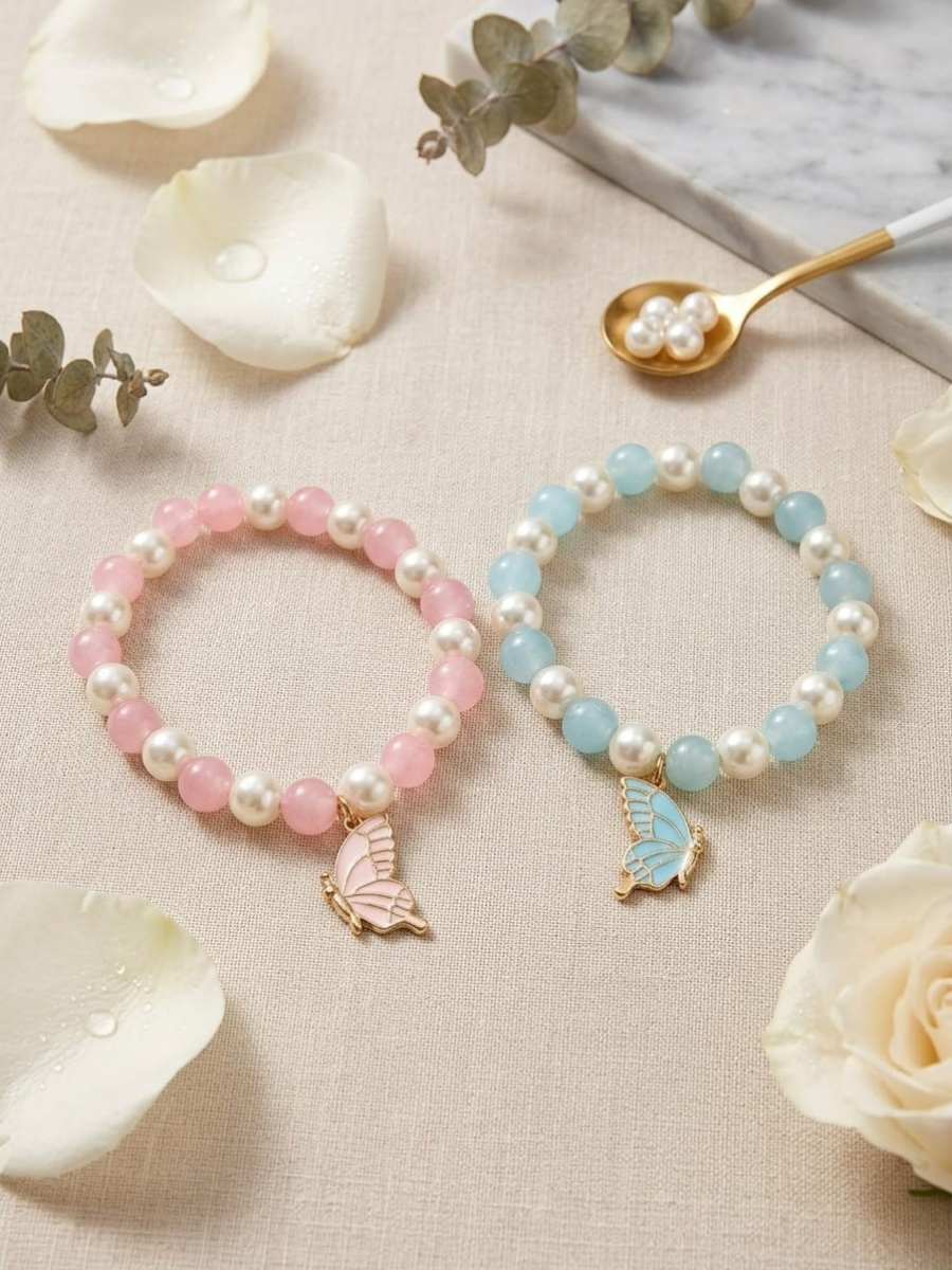Buy Baby Pink and Sky Blue Butterfly Charms Beaded Bracelets Online in India