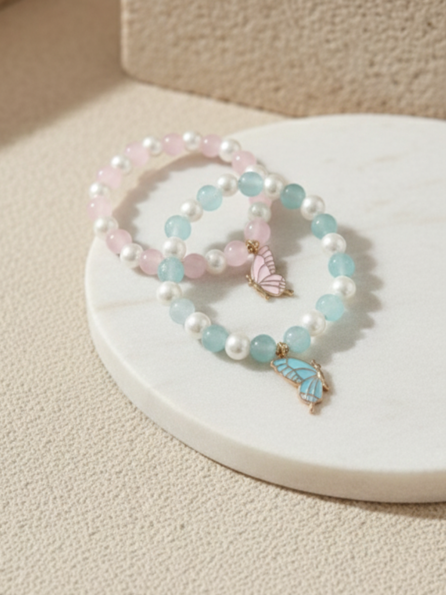 Baby Pink and Sky Blue Butterfly Charms Beaded Bracelets