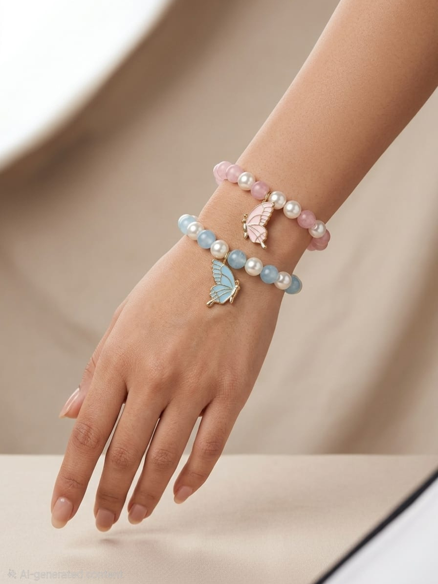 A model is wearing Baby Pink and Sky Blue Butterfly Charms Beaded Bracelets