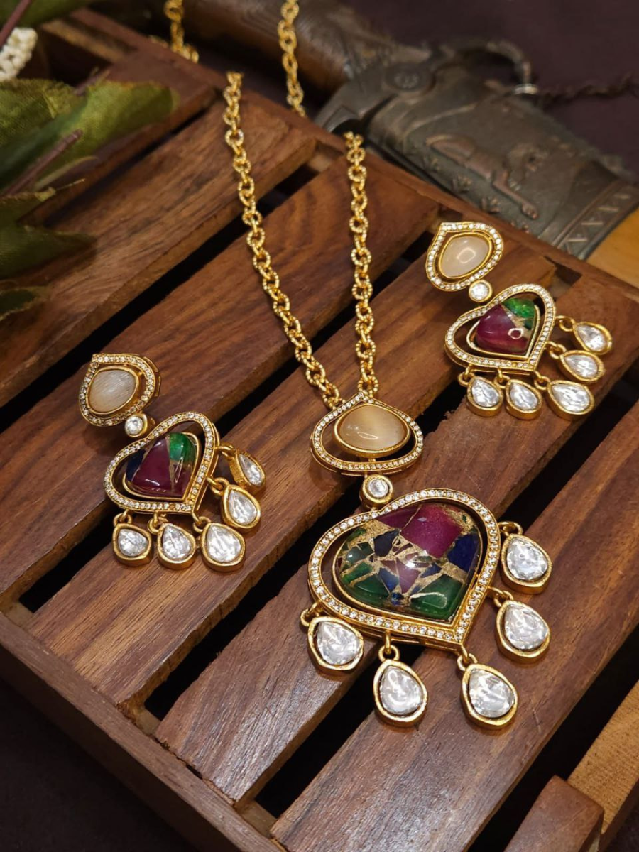 Buy Beige and Colorful Stone Golden Kundan Pendant Necklace Set Online - TheJewelbox