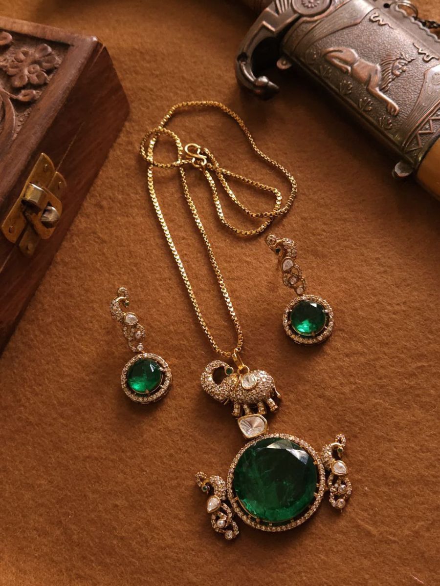 Buy Big Green Stone Elephant Pendant Polki Kundan Long Necklace