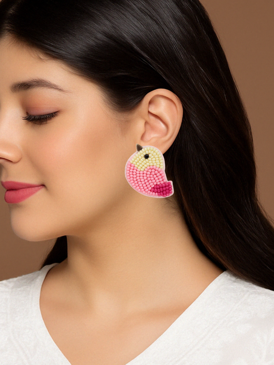 Bird Style Cream and Pink Beaded Stud Earrings