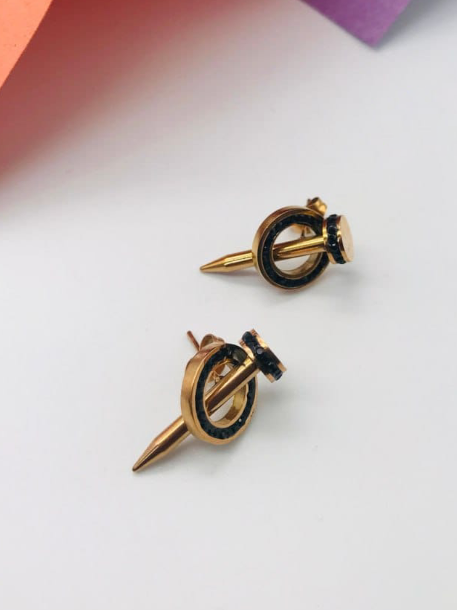 Black Enamelled Rose Gold Nail Stud Earrings