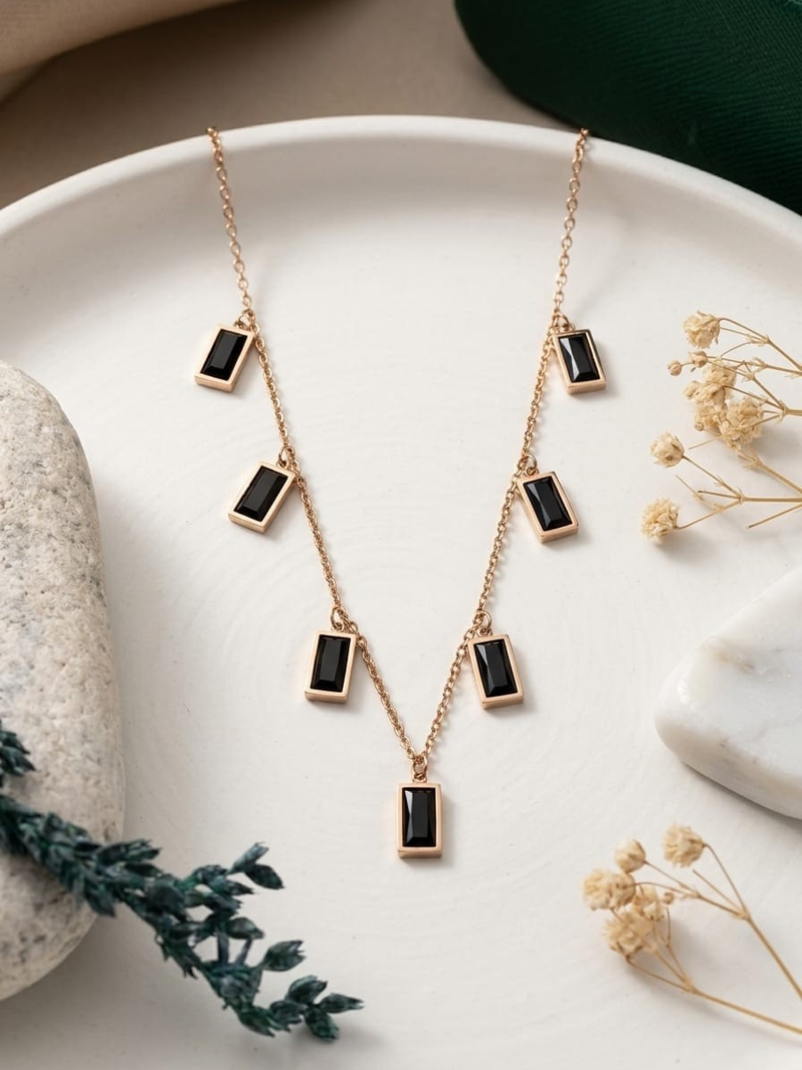 Buy Black Rectangle Crystal Charms Rose Gold Chain Necklace Online in India