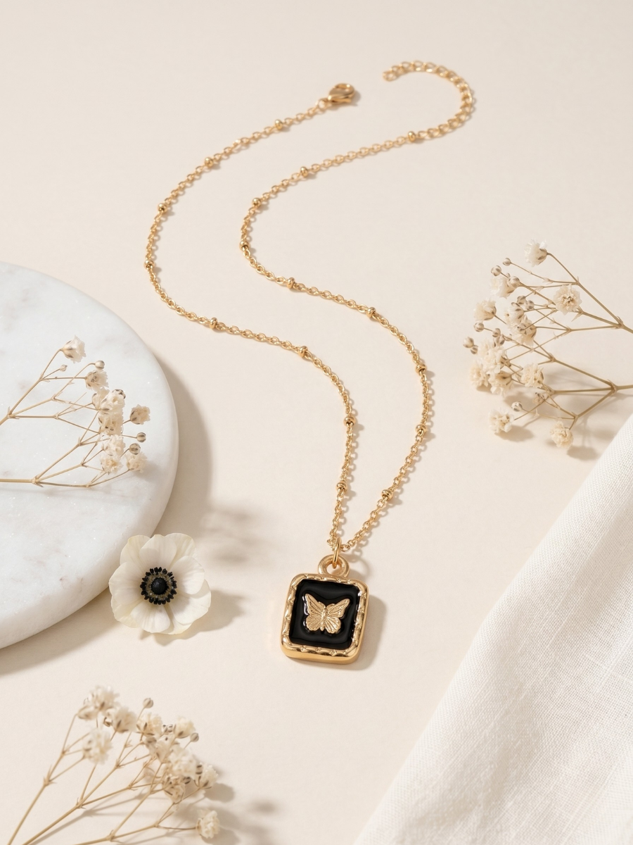 Buy Black Square Butterfly Pendant Rose Gold Chain Necklace Online in India