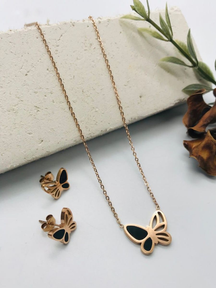 Buy Black Stone Butterfly Pendant Rose Gold Necklace with Earrings