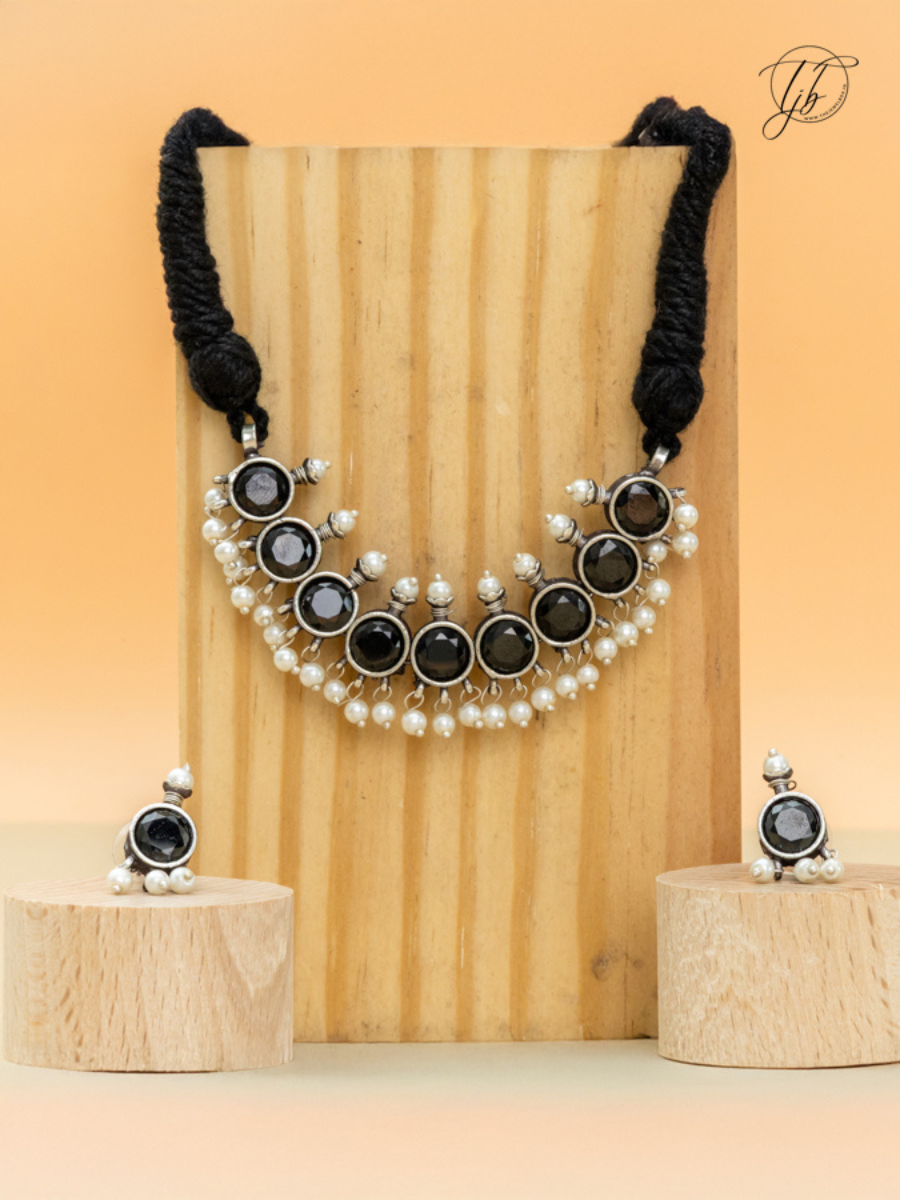 Buy Black Stones German Silver Oxidised Thread Necklace Set Online - TheJewelbox