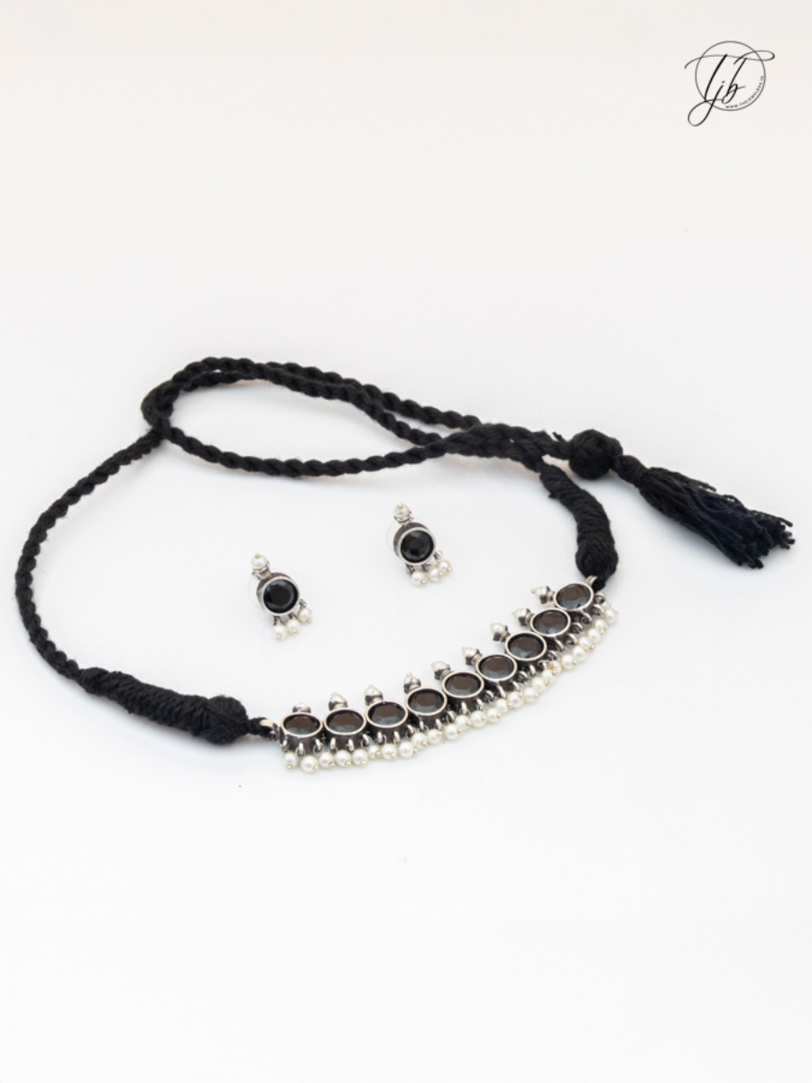 Black Stones German Silver Oxidised Thread Necklace Set