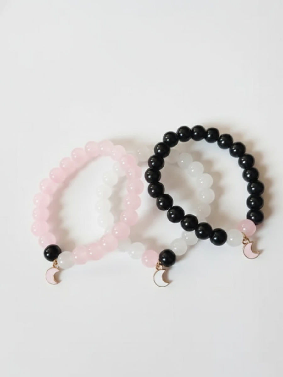 Black, Pink and White Moon Charms Beaded Bracelets