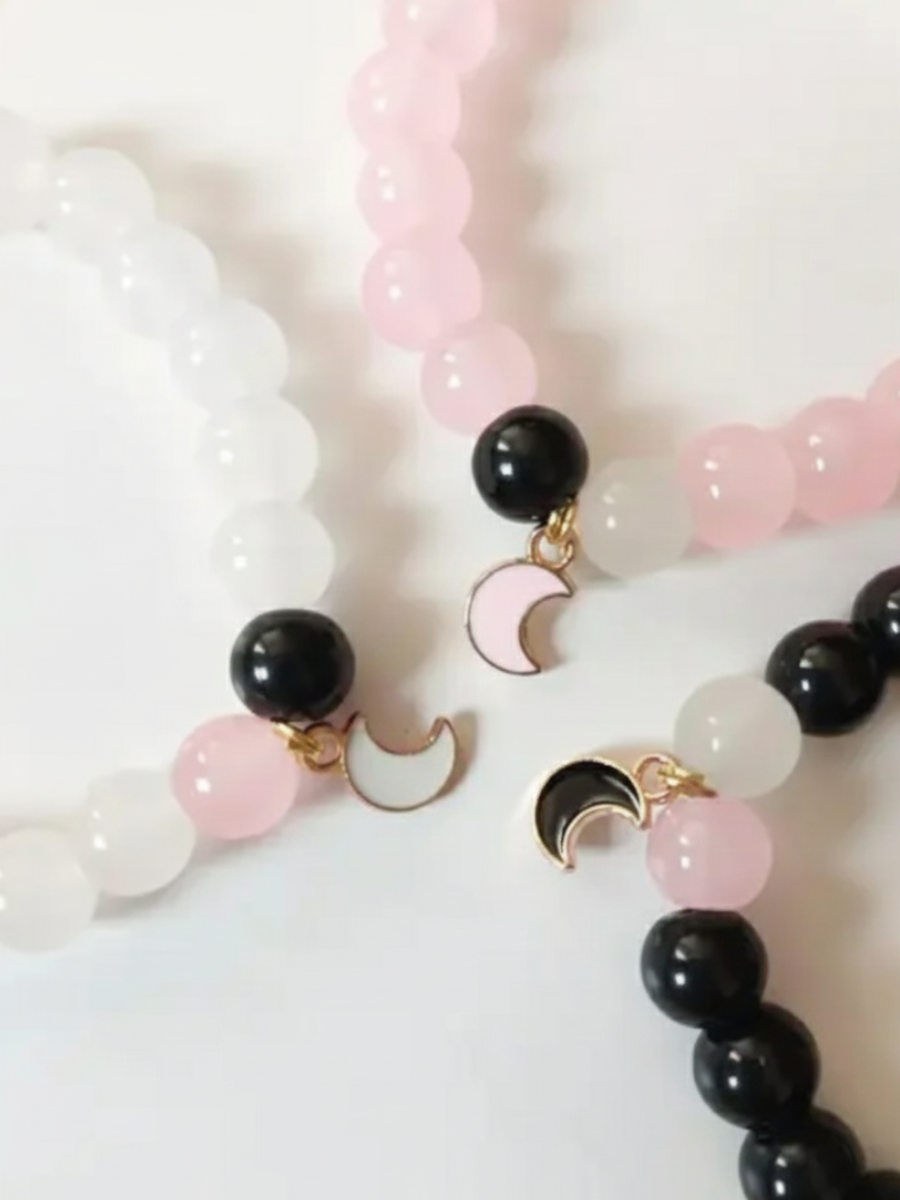 Black, Pink and White Moon Charms Beaded Bracelets