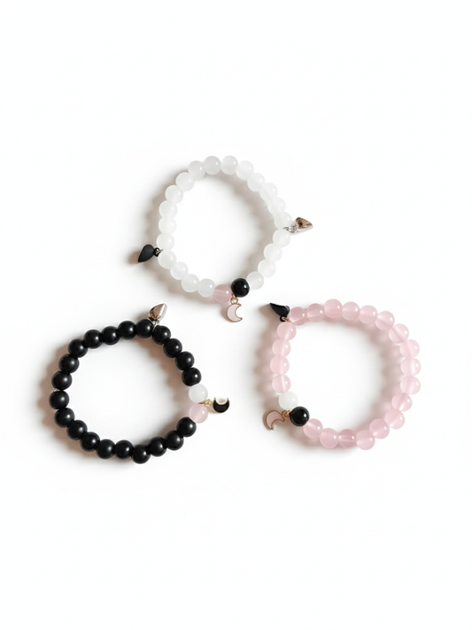 Trio Moon Charm Black, White and Pink Beaded Friendship Bracelets