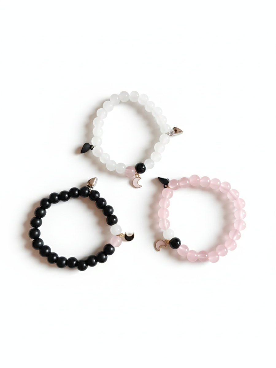 Trio Moon Charm Black, White and Pink Beaded Friendship Bracelets