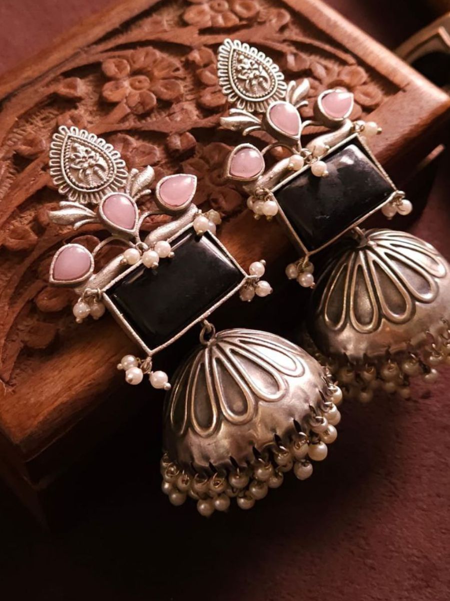 Black and Pink Stones German Silver Oxidised Jhumka Earrings