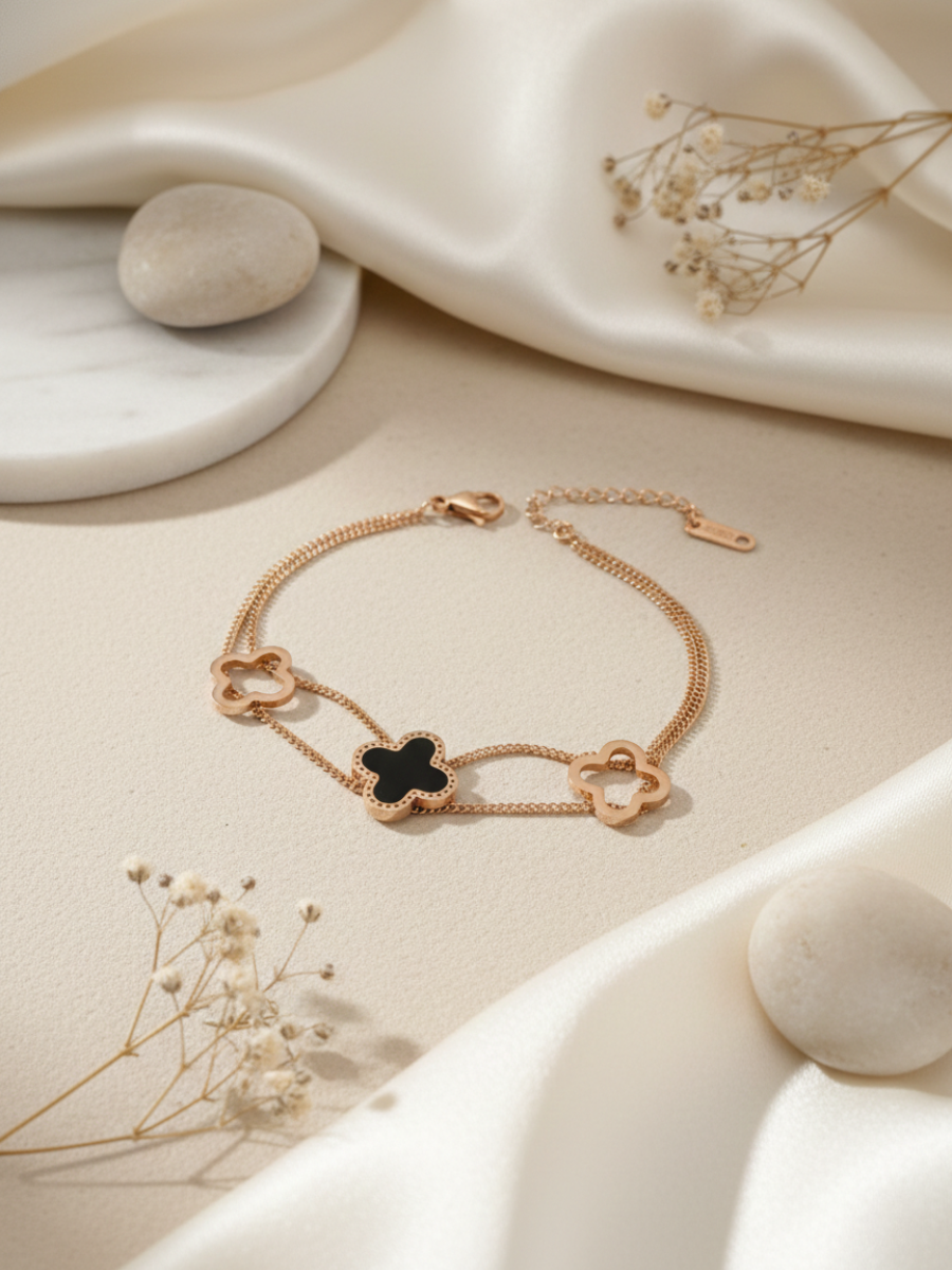 Buy Black and White Double Chain Clover Minimal Bracelet Online in India