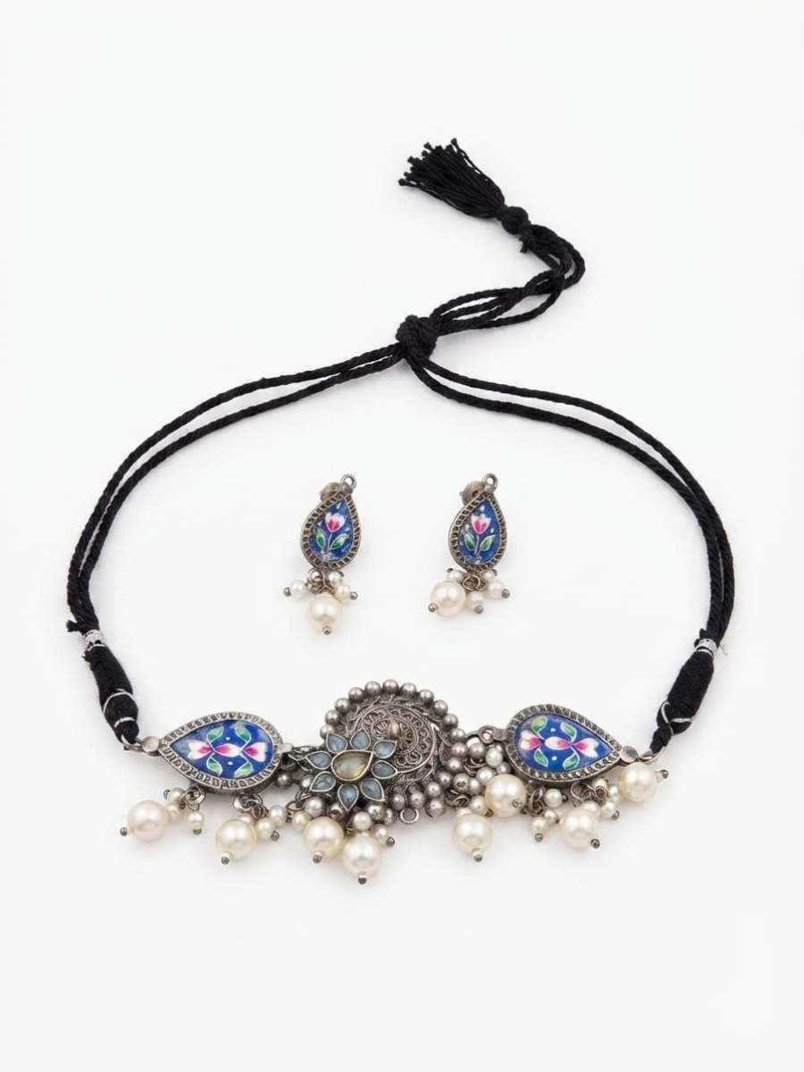 Oxidised silver blue enamel choker necklace