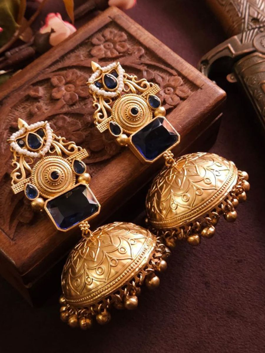 Blue Monalisa Stone Golden Oxidised Jhumka Earrings