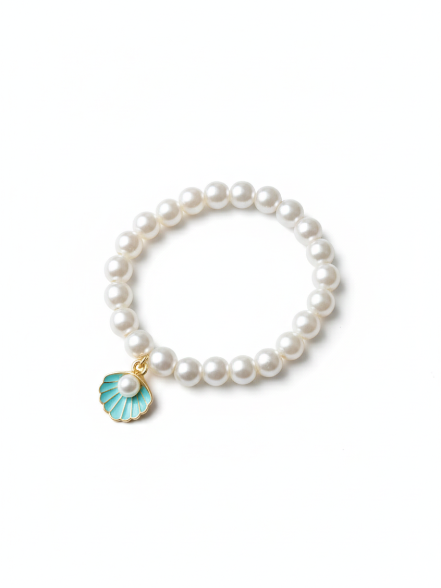Blue Shell Charm White Pearls Beaded Handmade Bracelet - TheJewelbox